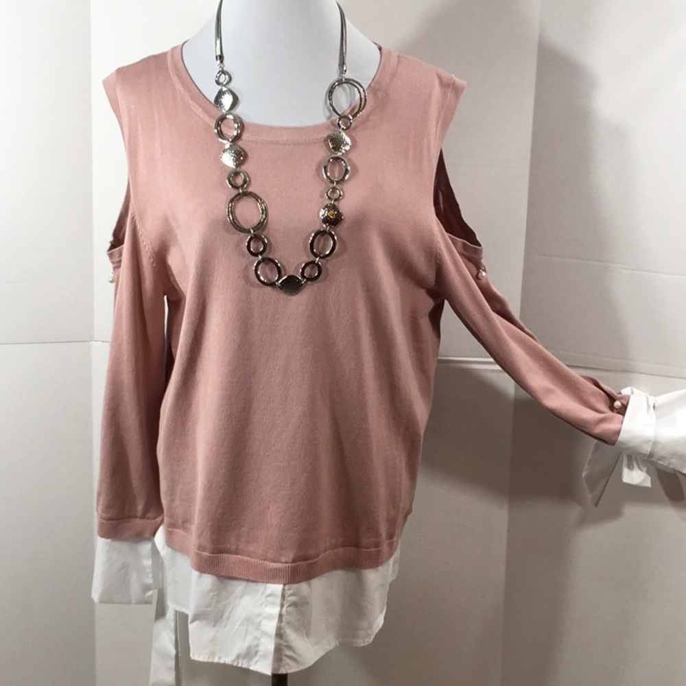 Simply Couture sweater pink cold shoulder w/pearls